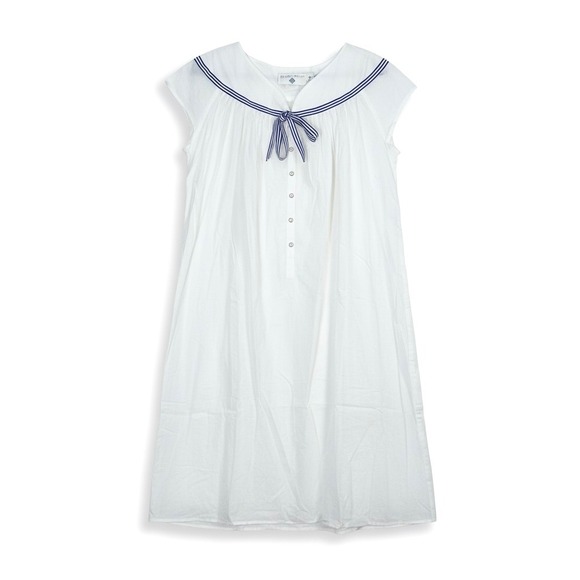 Eileen West Womens White Cotton Nightgown Nautical Blue Stripe Tie Medium - Picture 8 of 8
